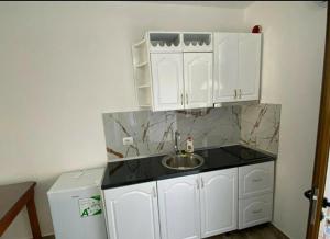 伏罗拉Arlind's Apartaments的小厨房配有白色橱柜和水槽