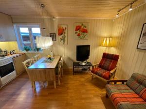 勒罗斯Kjerkgata 6 - midt i Røros sentrum的客厅配有桌子、沙发和电视