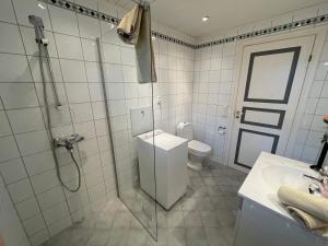 勒罗斯Kjerkgata 6 - midt i Røros sentrum的浴室配有卫生间、淋浴和盥洗盆。