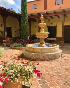 LemosCasa Colonial San Alejo的花团锦簇的庭院中央的喷泉