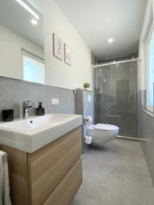 代特莫尔德QT Apartments Detmold的一间带水槽、淋浴和卫生间的浴室