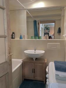 布达佩斯Buda Hills villa apartment的浴室配有盥洗盆和浴缸。