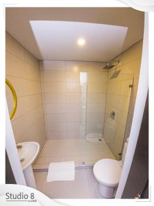 圣何塞Studio8 Lujan Apartament #7的带淋浴、卫生间和盥洗盆的浴室