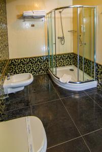 奥尔什丁韦林斯基酒店的带淋浴、卫生间和盥洗盆的浴室