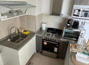 里瓦达维亚海军准将城Moderno depto con vista panorámica的一间带水槽和炉灶的小厨房