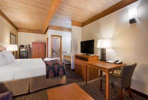 沃尔普莱恩斯贝斯特韦斯特汽车旅馆的酒店客房配有一张床、一张书桌和一台电视。