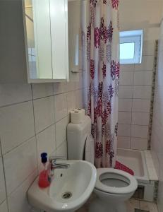 伊格拉恩Seaside holiday house Igrane, Makarska - 21577的浴室设有卫生间、水槽和淋浴帘