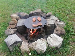 Šťastná Maringotka的岩石上一些食物的烧烤