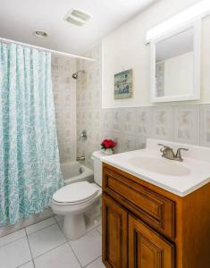 乔治敦Beach Living at Island Pine Villas BLP的浴室设有卫生间、水槽和淋浴帘