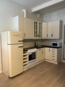 萨普斯堡Kirkegata 7的厨房配有白色冰箱和白色橱柜
