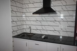 坎努尔Ben's Villa Kannur !的厨房设有水槽和黑白色大理石墙。