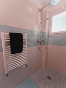 芳塔尼尔科尔尼永Chambre à louer 15mnn de Grenoble-salle de bain privée-WIFI gratuit的带淋浴和黑色毛巾的浴室
