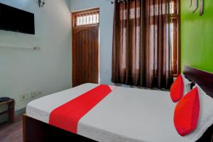 巴特那Flagship Hotel Heaven Inn的一间卧室设有一张红色和绿色的墙壁。