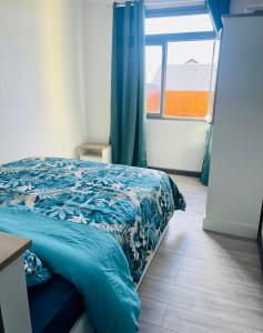 圣丹尼斯Villa des pruniers的一间卧室配有一张带蓝色棉被的床和窗户。