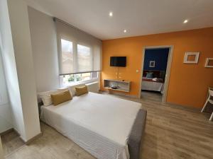 圣地亚哥－德孔波斯特拉Inicia AVIO Apartamentos的卧室配有一张白色的大床和一张沙发。