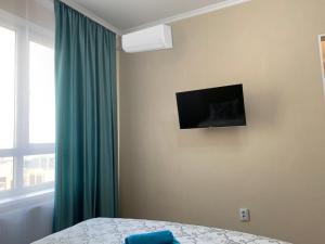 塔尔迪科尔Апартаменты на Туране в Алтын шар的卧室配有一张床,墙上配有电视