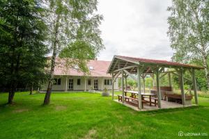 Ozunca-BăiUzonka Guesthouse的野餐桌和房屋前的凉亭