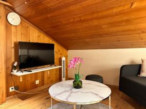 坎德施泰格Alpina Appartment 2的客厅配有桌子和电视