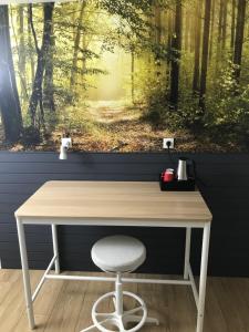拉罗什-阿登dardennen的森林画前的木桌和椅子