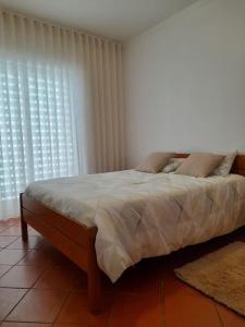 奎特里拉Casa das Mélias的卧室配有一张带枕头的床,位于窗户前
