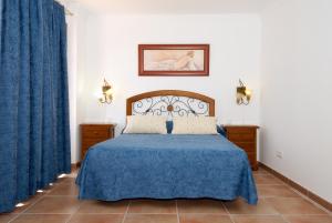 普拉亚布兰卡Apartment Limonade Deluxe Main Center Playa Blanca By PVL的一间卧室配有蓝色的床和蓝色窗帘