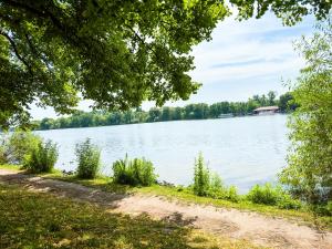 汉诺威Wohnung für 3 Gäste mit kostenlosen Parkplätzen nah am Maschsee的透过树枝可欣赏到湖泊景色