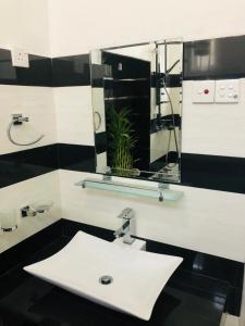 努沃勒埃利耶努沃勒埃利耶安多拉旅馆的浴室设有白色水槽和镜子