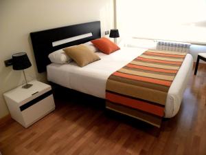 巴罗德亚尼斯信天翁公寓的一间卧室配有一张带条纹毯子的大床