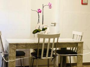 阿玛考德佩拉Kerart Lima的一张桌子、两把椅子和一张桌子,上面有鲜花