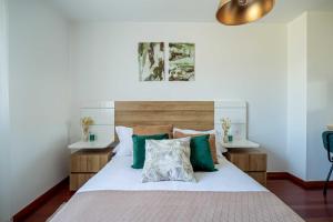 圣地亚哥－德孔波斯特拉Wasi Compostela的一间卧室配有一张带绿色枕头的大床