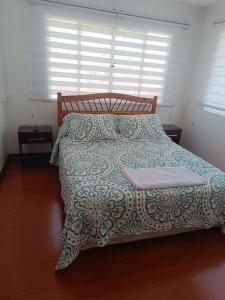 安托法加斯塔Hospedaje Nuevo Amanecer的一间卧室配有一张带蓝色和白色棉被的床