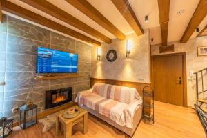 拉兹洛格Pirin Golf&Spa Apartment 17的带沙发和壁炉的客厅