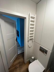 罗威Apartament Szumilas Rowy的浴室设有白色卫生间和蓝色门。