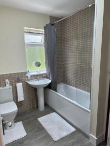 伍德福德格林4 Bed Family Home的浴室配有盥洗盆、卫生间和浴缸。
