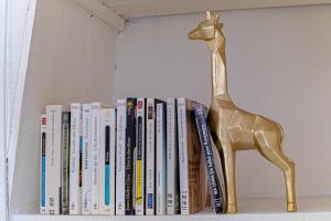里摩日Le pied à terre d'ernest的书架上书架上挂着长颈鹿雕像