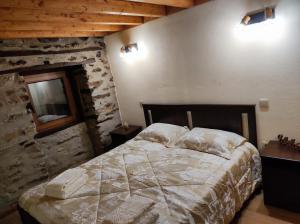 布拉干萨Recanto da Encosta - T2的一间卧室设有一张床和石墙