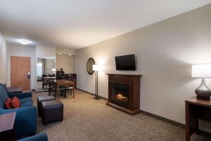 萨福克萨福克 - 切萨皮克康福特茵套房酒店的客厅设有壁炉和电视。