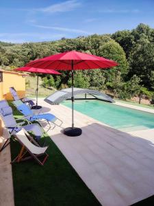 瓜尔达Quinta do Borges的红色遮阳伞和椅子以及游泳池