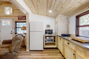 CrescentLittle Pine Cabin at Big Pine Retreat的一间带冰箱和沙发的厨房