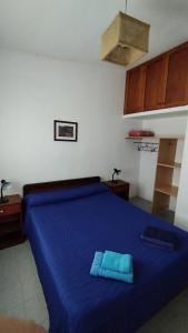 卡法亚特Cafayate Central House的一间卧室配有蓝色的床和蓝色的床单