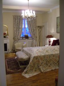 维特利希巴斯艮住宿加早餐旅馆的一间卧室配有一张床、一把椅子和一个吊灯。
