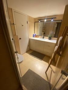荷兹利亚spacious real two bedrooms at the daniel hotel的一间带水槽、卫生间和镜子的浴室