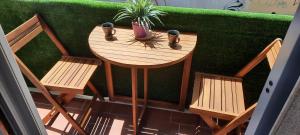 斯培西亚Suite House 5 Terre的一张木桌,上面有两把椅子和一株植物