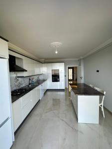 特拉布宗Sea View Villa的厨房配有白色橱柜和黑色台面