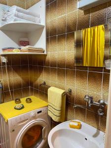 布德瓦Niki的小型浴室设有洗衣机和水槽。