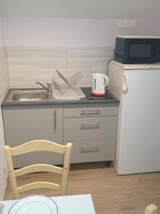 卢瓦尔河畔叙利Les Géraniums Sullylois的一个带水槽和白色冰箱的小厨房