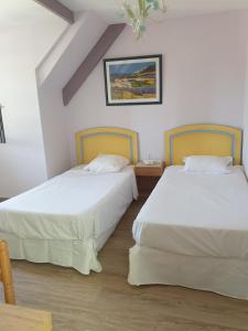 卢瓦尔河畔叙利Les Géraniums Sullylois的配有白色墙壁和木地板的客房内的两张床