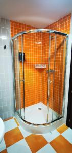 阿雷纳斯德圣佩德罗APARTAMENTO ALES II的浴室设有淋浴,铺有橙色瓷砖