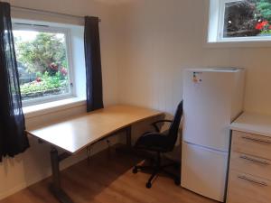 克里斯蒂安桑Krypinn i Søgne的厨房配有书桌、冰箱和窗户。