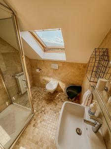 瓦特拉多尔内Casa Andreea的带淋浴、盥洗盆和卫生间的浴室